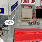 Pic of Muscle biker lesson 3D gay comics: male hentai anime bdsm fetish cartoons about hairy huge cock of leather hunk man dude & teen twink gag slave or toon 10inchcock and latex boots outdoor domination