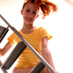 Pic of Pantyless Redhead On Ladder Showing Her Tight Pussy And Ass