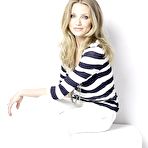 Pic of Cameron Diaz in white pants and striped blouse photoshoot