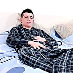 Pic of He uses his free hand to rub his tender balls, while stroking his cock male masturbation pix