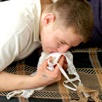 Pic of Hot guy sniffing panties and enjoying sexy hosiery before fucking with mom