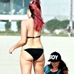 Pic of Gabriella Ellis in black bikini on a beach