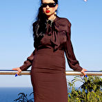 Pic of Elegant clothed sex lady in shiny pantyhose flashing her pussy and tits outdoors at Trinity Productions