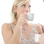 Pic of Blonde Rita Rush opens mouth and stretches legs inviting pecker for hardest fuck