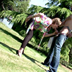 Pic of Tattooed stud in jeans sticks his dick in mature pussy of Lady Sonia in the open air