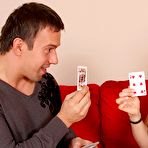 Pic of Naked european brunette Alice King gets face fucked on the couch after playing cards