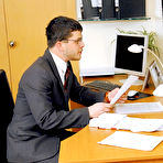 Pic of Office guy strips naked to get his ass fucked by strict glassed lady boss Sarah Star