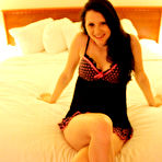 Pic of Delectable brunette teen babe Freckles removes her lingerie in bed and fingers her cunt