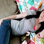Pic of Superb brunette babe Freckles removes her tight jeans and teases with her epic tits
