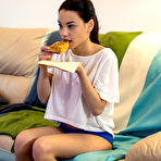 Pic of Blue panties brunette takes off her white top to show her ample breasts - aMetart.com