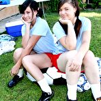 Pic of Busty blonde haired soccer mom Monica Mayhem shares a cock with two teen brunettes outdoors