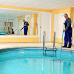 Pic of Sweet brunette teases an old pool boy until he is ready to fuck her