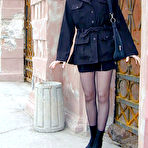 Pic of Sexy coed in black stockings exposing her panties, tight ass and boobs in public pics