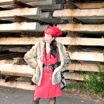 Pic of Callgirl Bitch Glamorous Red Couture Women`s Outfit In The Open Outdoor Public Country Sexy Fully Clothed Elegant Vintage Lingerie Garter Belts Fox Fur Coat Movie 13:53
