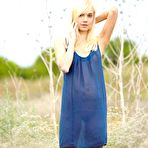 Pic of Sexy blonde Aljena A loses off dress and shows small boobs and shaved pussy in the meadow
