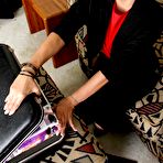 Pic of Sultry brunette Lucy Dutch strips her fishnet stockings and dildos her hairy cunt