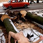 Pic of Completely nude slender asian Annie Ling exposes her slit outdoors in public place