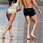 Pic of Jasmin Walia in blue bikini on a beach in Malibu