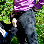 Pic of Amateur coed Stefany dripping cum from mouth in woods after riding cock