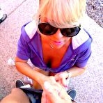 Pic of Busty blonde housewife Sandra Otterson swallows jizz on sidewalk in sunglasses