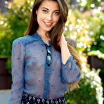 Pic of Pretty teen girl Lorena B doffs sheer blouse and skirt to pose naked by pool