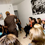 Pic of Clothed blondes and brunettes do blowjob to a stripper on a party