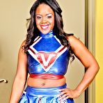 Pic of Ebony cheerleader Samone Taylor removes her uniform to model lingerie