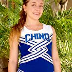 Pic of Teen cheerleader Aurielee Summers finger spreads her pink twat while disrobing