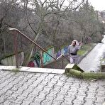 Pic of Blonde girl Bianca ascends public steps before taking a badly neede pee