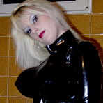 Pic of Beautiful blonde Darkwing Zero models in latex clothing and a gas mask