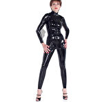Pic of Leggy mature fetish lady posing in latex suit and high-heeled shoes