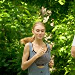 Pic of Hot blonde Nancy A and her man friend fuck after going for a run on a path