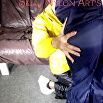 Pic of Shinynylonartsbound | SEXY RONJA being tied and gagged with ropes overhead and a ballgag from SEXY STELLA both wearing sexy shiny nylon rainwear (Pics)